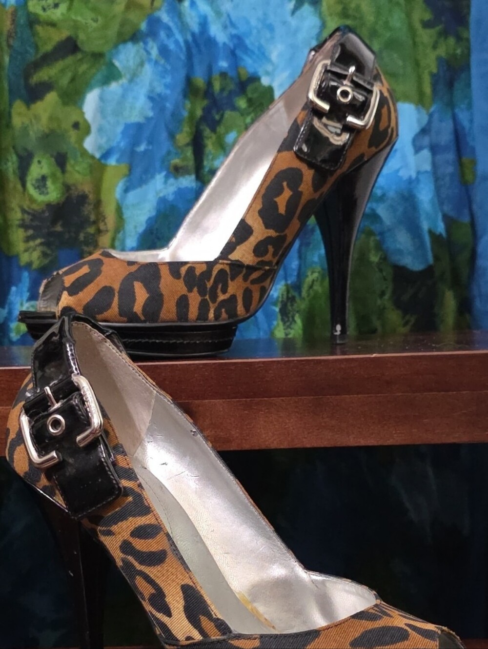 Guess Leopard Print Peep-Toe Heels with Black Patent Heel and Buckle. 4" Heels.
